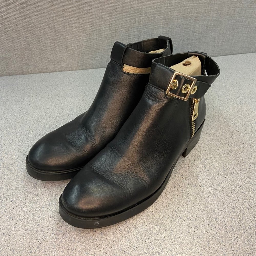 Zara Leather Black Bootie with Gold Zipper & Ankle Strap size 41